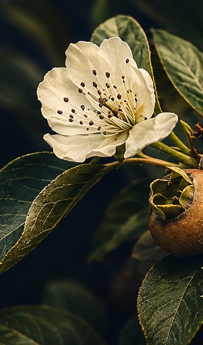 Medlar blossom and fruit